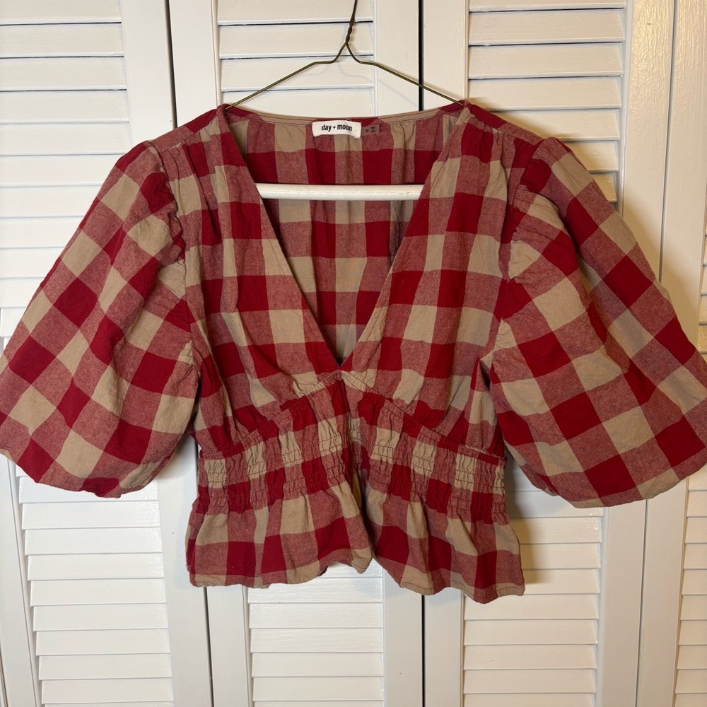 Cropped Red and Tan Game Day Plaid Blouse